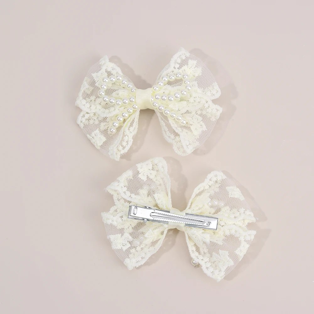 2Pcs Flower Lace Bow Hair Clips For Girls Sweet Pearls Hairpins Floral Embroidery Barrette Children Kids Headwear Accessories