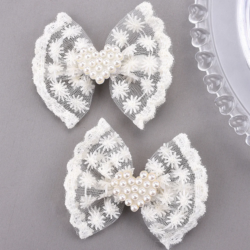 2Pcs Flower Lace Bow Hair Clips For Girls Sweet Pearls Hairpins Floral Embroidery Barrette Children Kids Headwear Accessories