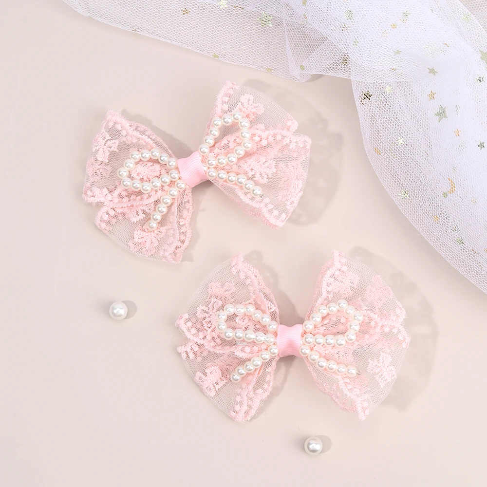 2Pcs Flower Lace Bow Hair Clips For Girls Sweet Pearls Hairpins Floral Embroidery Barrette Children Kids Headwear Accessories