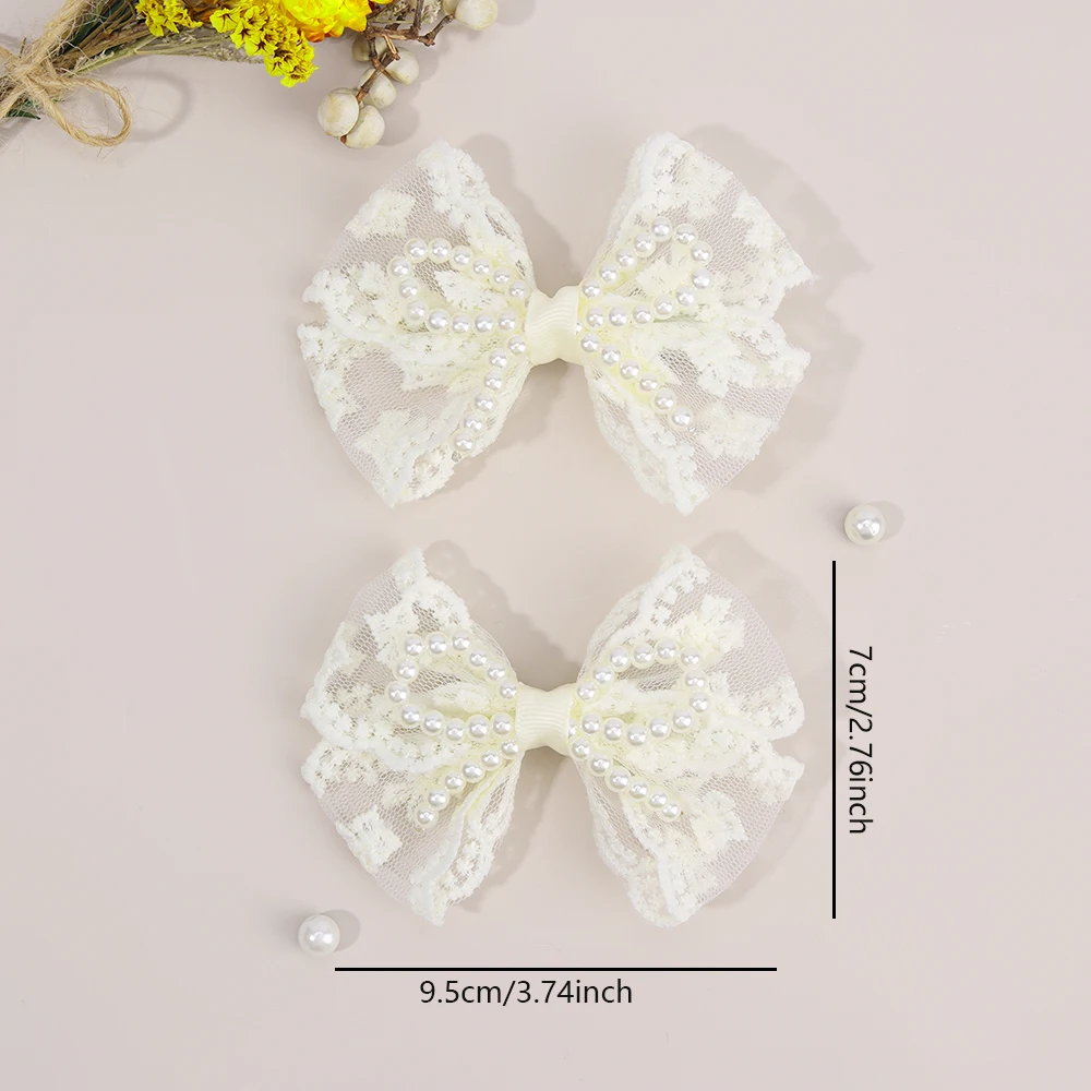 2Pcs Flower Lace Bow Hair Clips For Girls Sweet Pearls Hairpins Floral Embroidery Barrette Children Kids Headwear Accessories