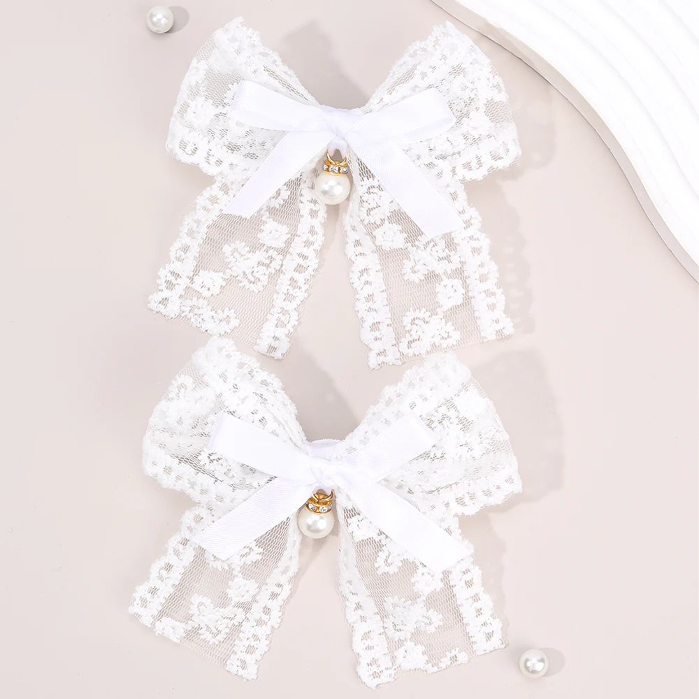 2Pcs Flower Lace Bow Hair Clips For Girls Sweet Pearls Hairpins Floral Embroidery Barrette Children Kids Headwear Accessories