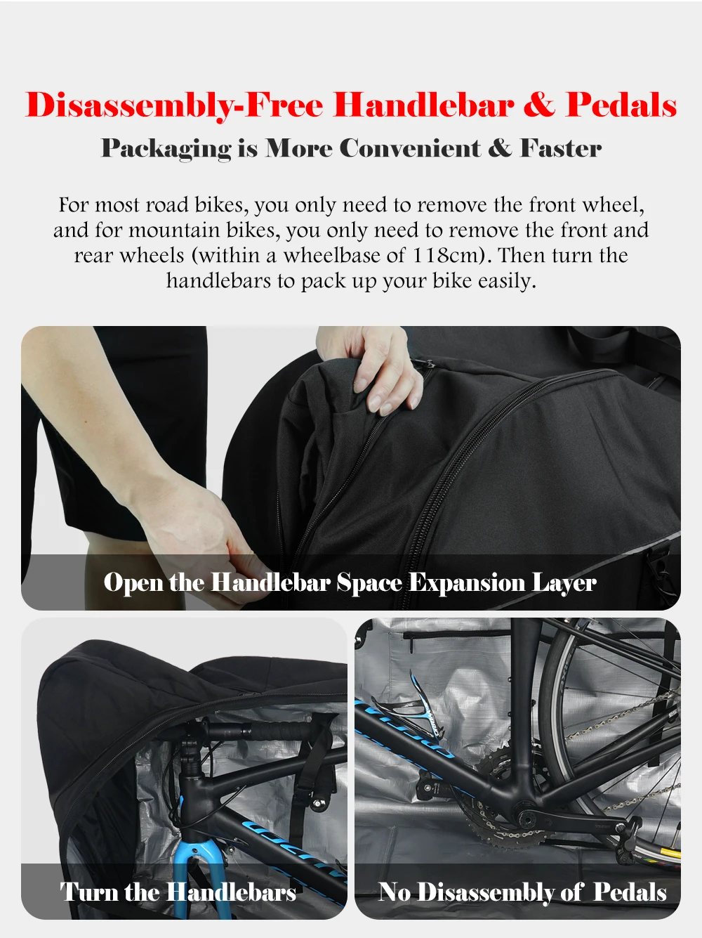 NOOYAH Bike Bag Bike Transport No Need Remove Handlebars Wheels MTB Road Bike Case Three-Layer Fabric Foldable 2-in-1 Multi-Bag