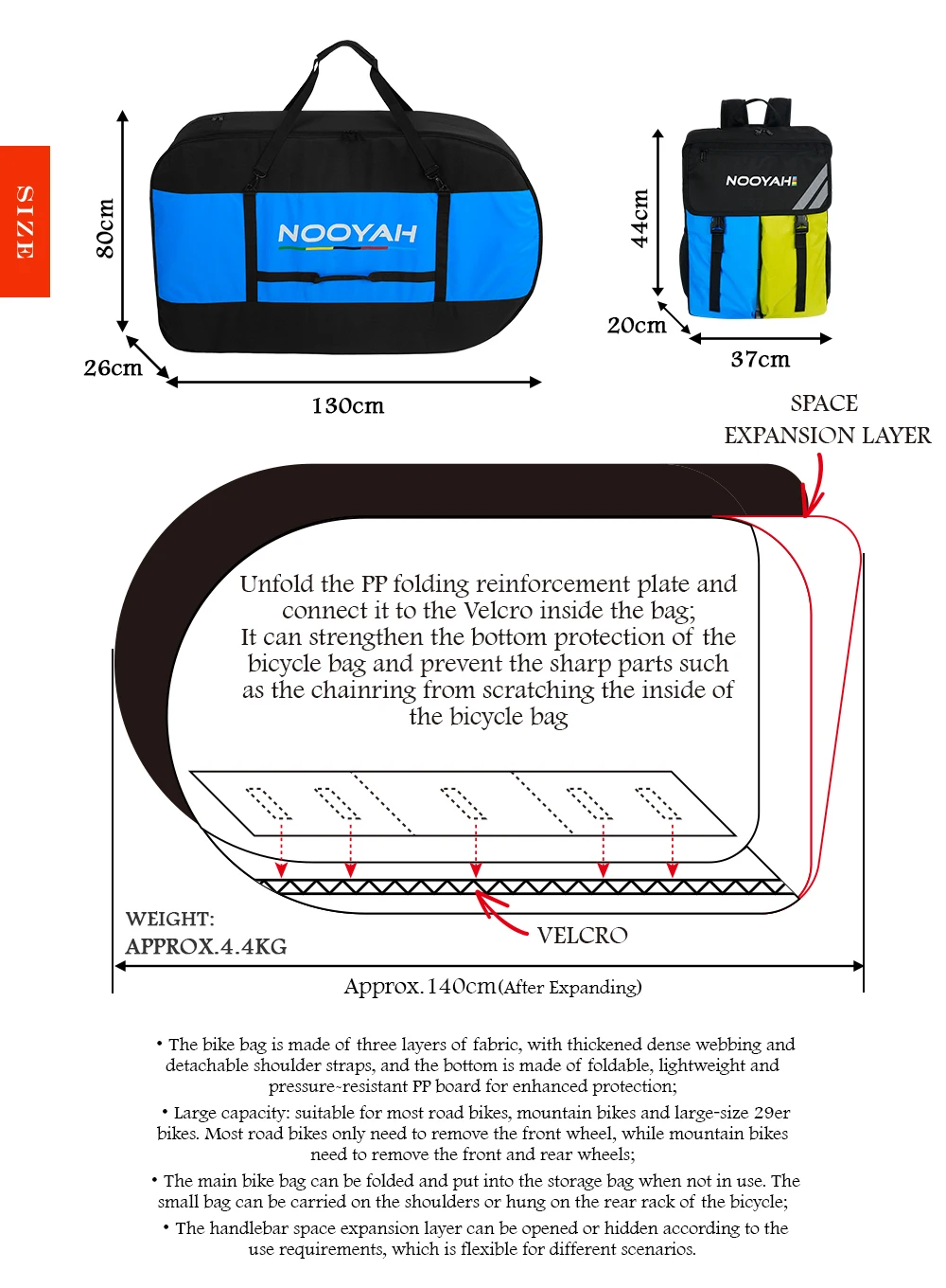 NOOYAH Bike Bag Bike Transport No Need Remove Handlebars Wheels MTB Road Bike Case Three-Layer Fabric Foldable 2-in-1 Multi-Bag