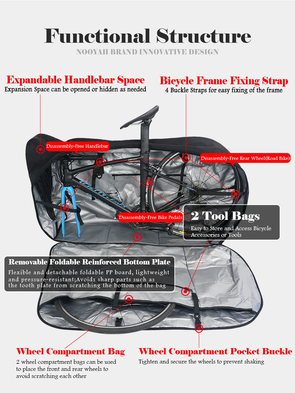 NOOYAH Bike Bag Bike Transport No Need Remove Handlebars Wheels MTB Road Bike Case Three-Layer Fabric Foldable 2-in-1 Multi-Bag