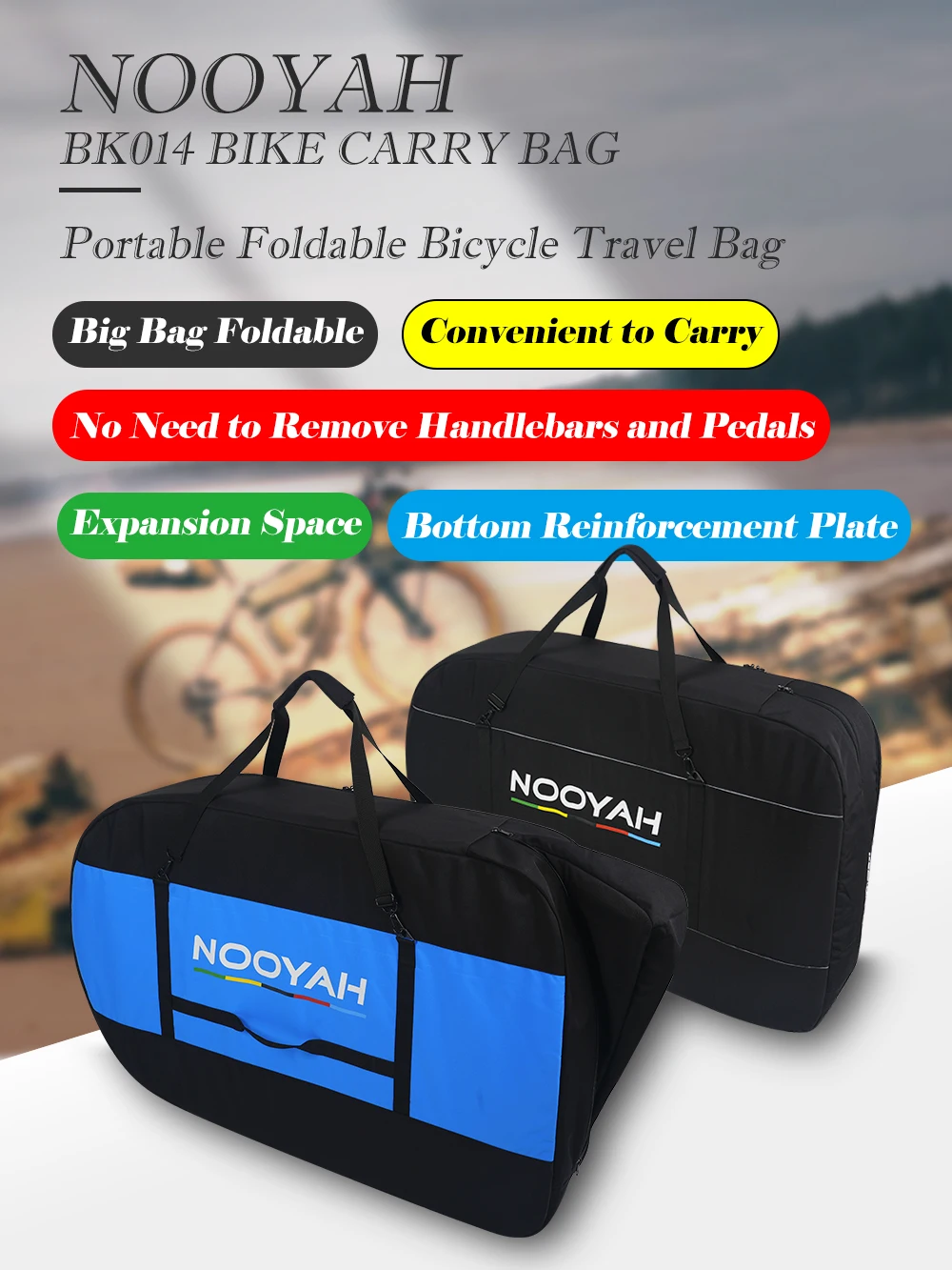 NOOYAH Bike Bag Bike Transport No Need Remove Handlebars Wheels MTB Road Bike Case Three-Layer Fabric Foldable 2-in-1 Multi-Bag