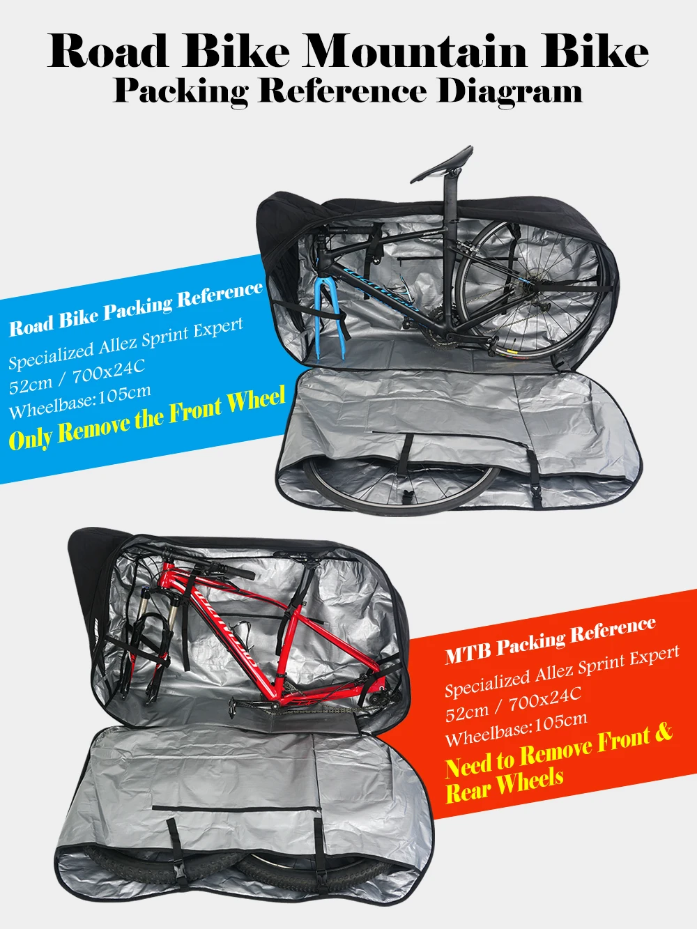 NOOYAH Bike Bag Bike Transport No Need Remove Handlebars Wheels MTB Road Bike Case Three-Layer Fabric Foldable 2-in-1 Multi-Bag