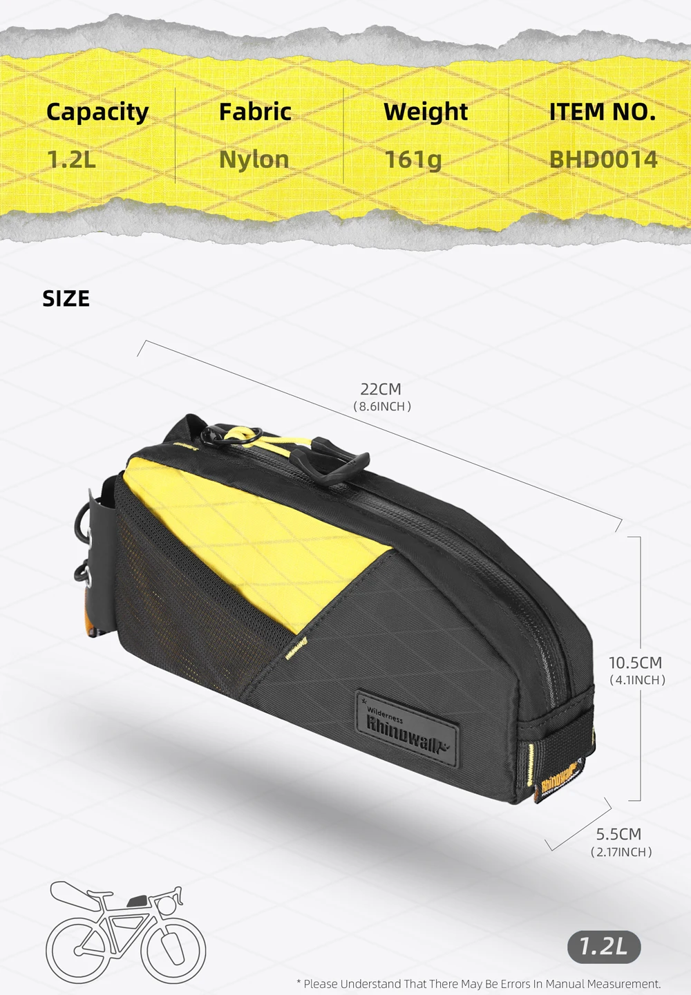Rhinowalk Bicycle Top Tube Bag Waterproof 1.2L For Gravel Bike Front Frame Bag Screw Fixing Bikepacking Travel Luggage Bag