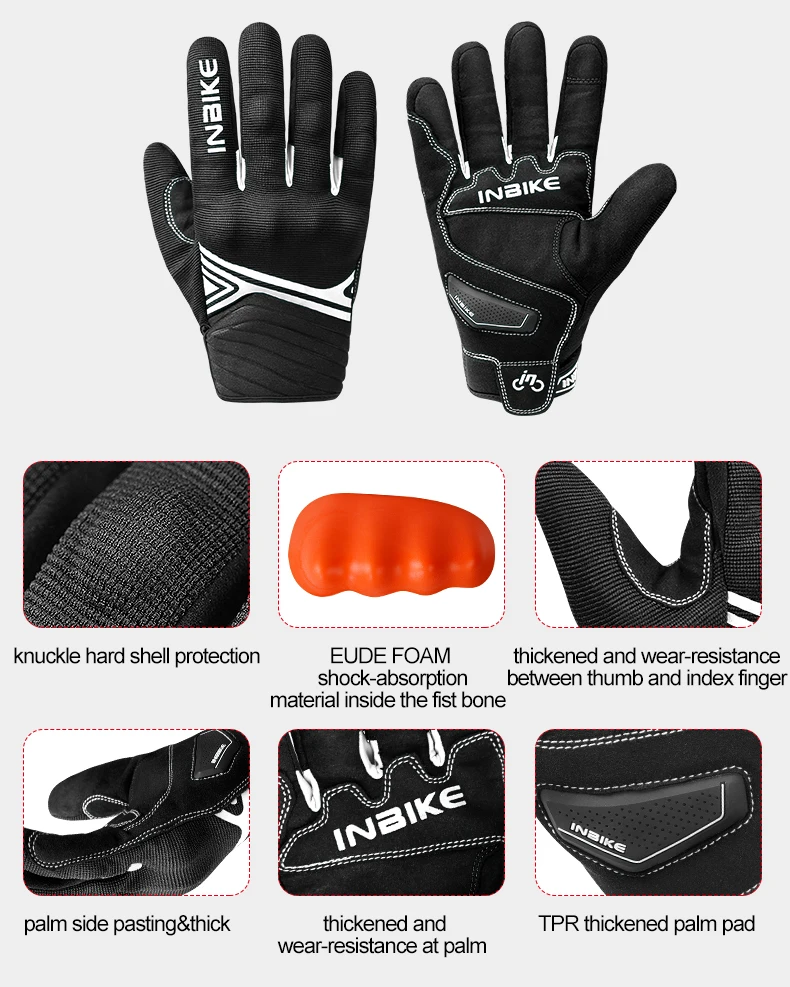 INBIKE Winter Cycling Gloves Men Full Finger Bicycle MTB Motorcycle Gloves Man Touchscreen Shockproof Glove for Motor Driving