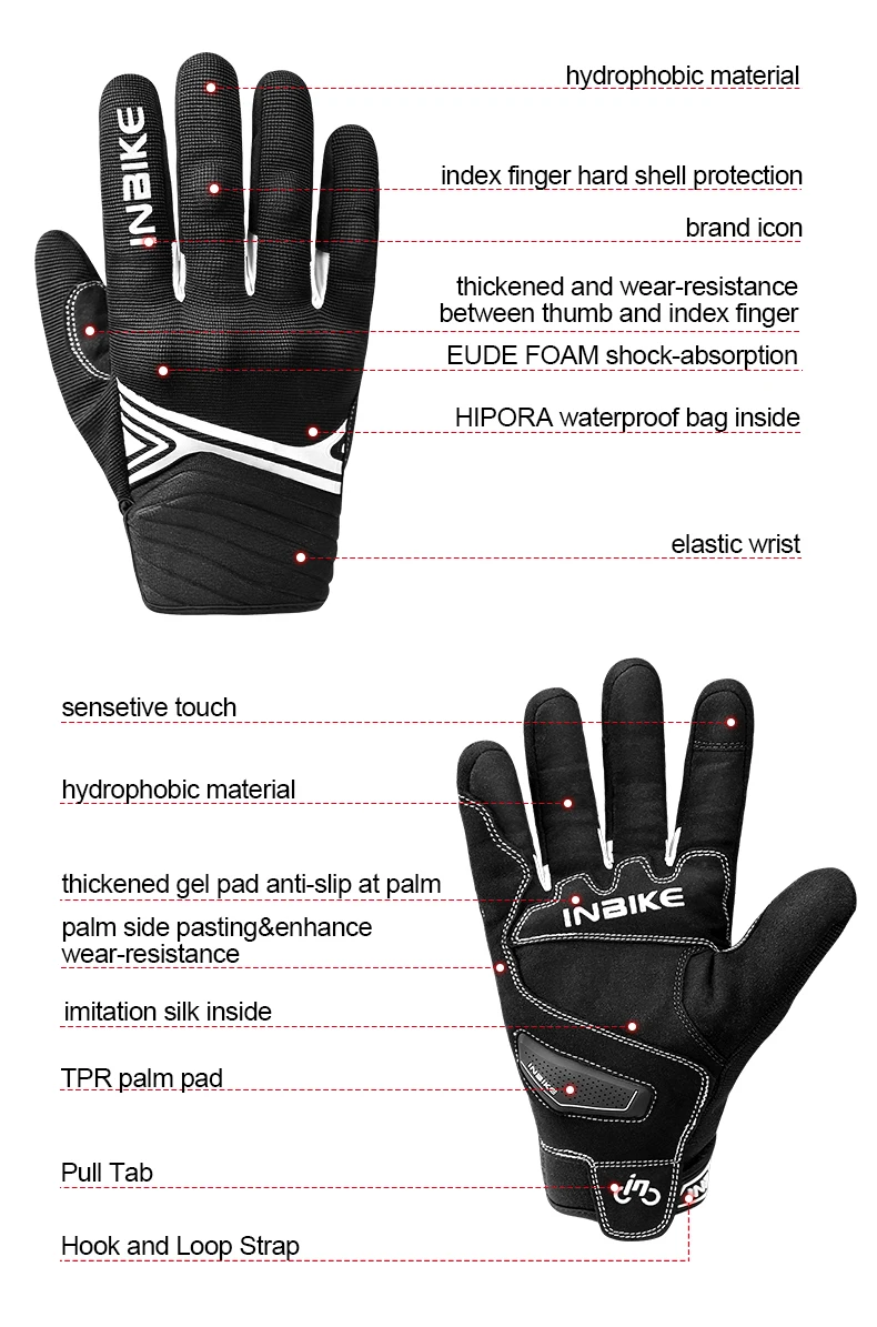 INBIKE Winter Cycling Gloves Men Full Finger Bicycle MTB Motorcycle Gloves Man Touchscreen Shockproof Glove for Motor Driving
