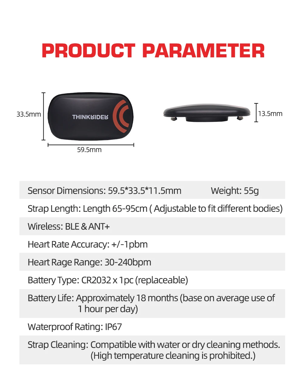 ThinkRider Heart Rate Monitor Chest Strap ANT+ Fitness Sensor Compatible Belt Wahoo Polar Garmin Connected Cycl