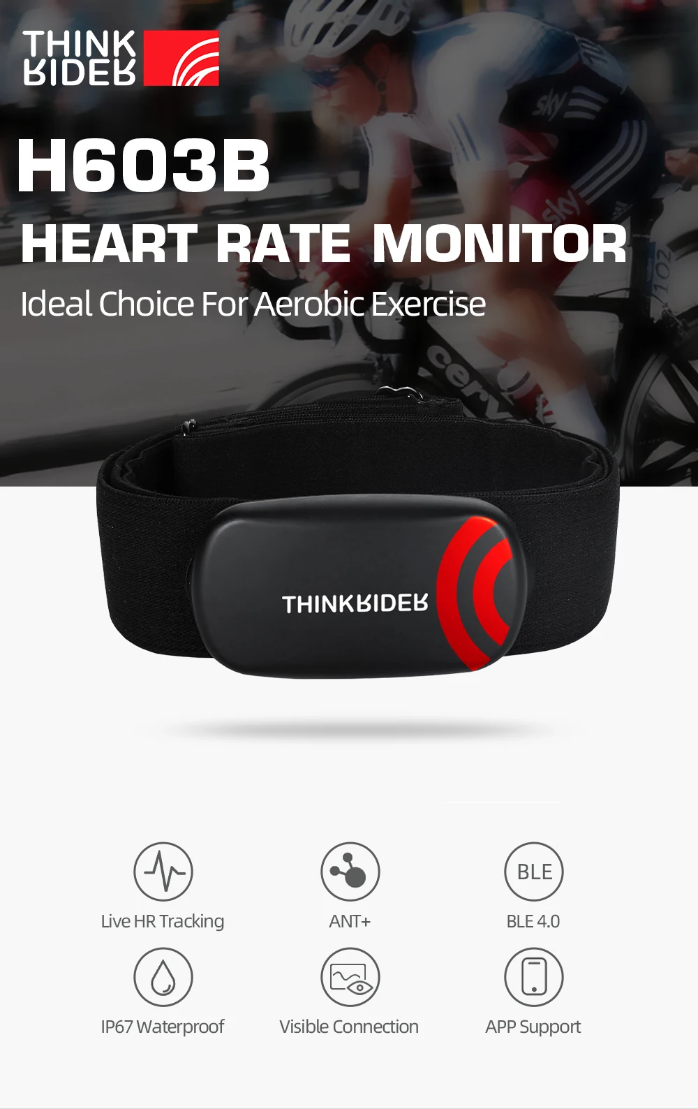 ThinkRider Heart Rate Monitor Chest Strap ANT+ Fitness Sensor Compatible Belt Wahoo Polar Garmin Connected Cycl