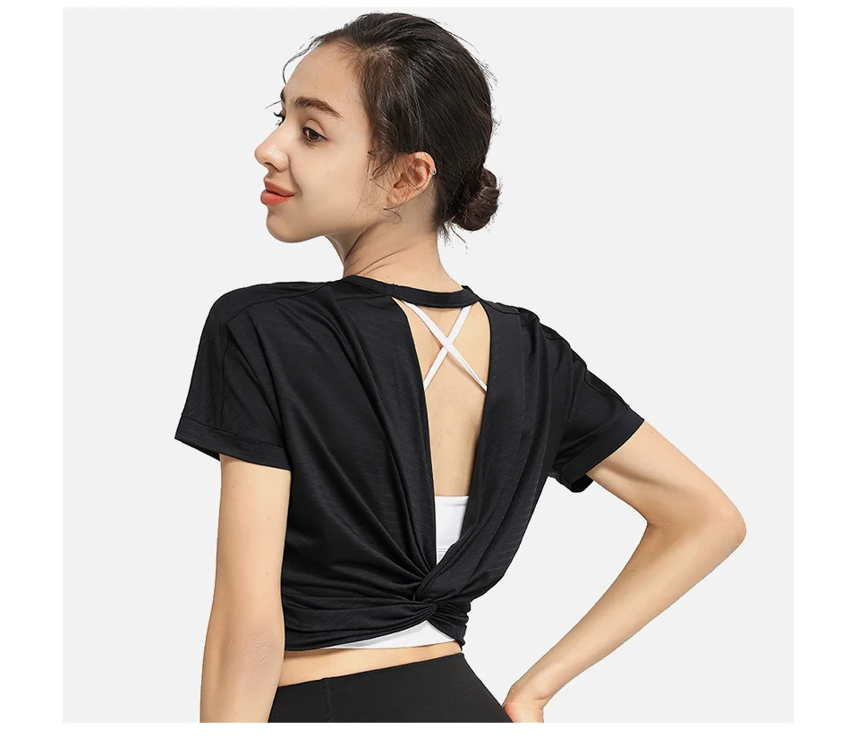 Sports Blouse Woman Casual Crop Top For Fitness Nylon Backless Breathable Gym Jogging Yoga Workout Short Sleeve Yoga Shirts
