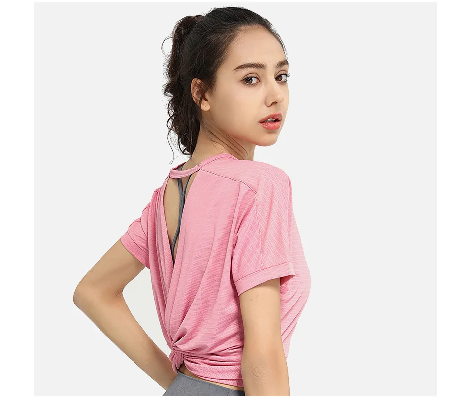 Sports Blouse Woman Casual Crop Top For Fitness Nylon Backless Breathable Gym Jogging Yoga Workout Short Sleeve Yoga Shirts