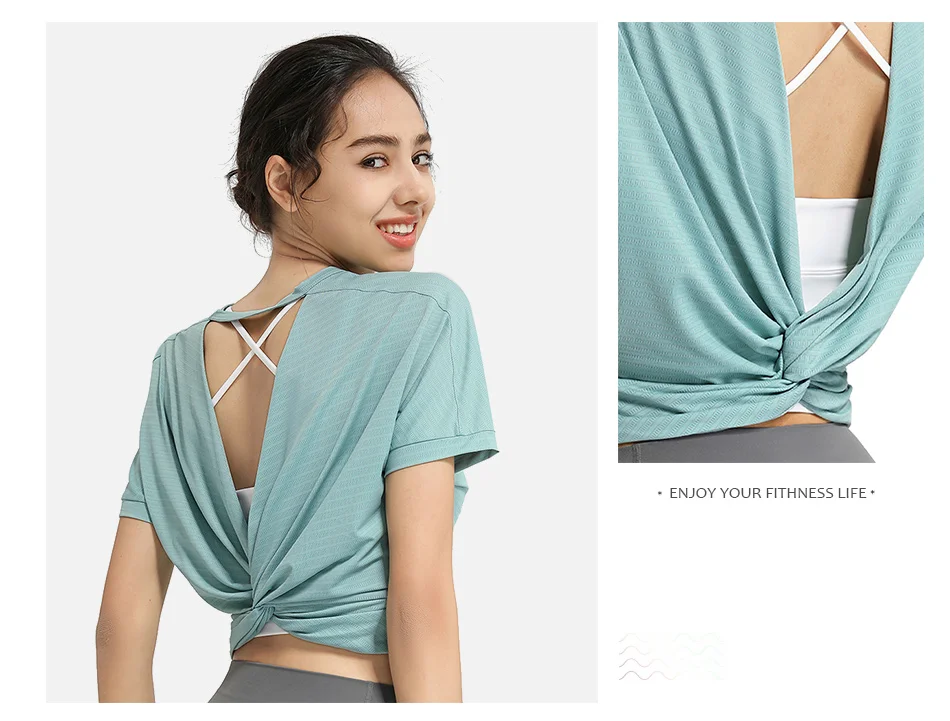 Sports Blouse Woman Casual Crop Top For Fitness Nylon Backless Breathable Gym Jogging Yoga Workout Short Sleeve Yoga Shirts