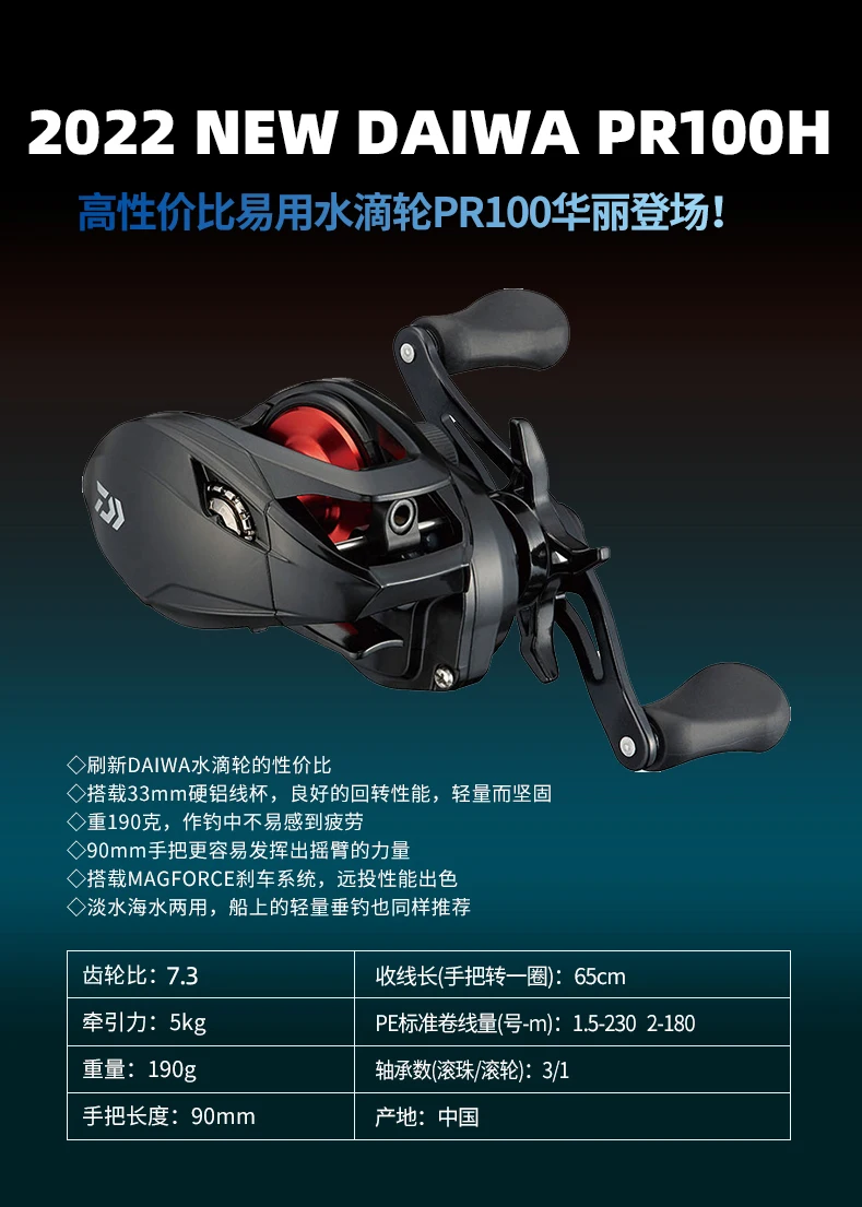 2022 NEW DAIWA PR100H Baitcast Reel 3+1BB Gear Ratio 7.3:1 Max Drag 5kg Saltwater Fishing Reel