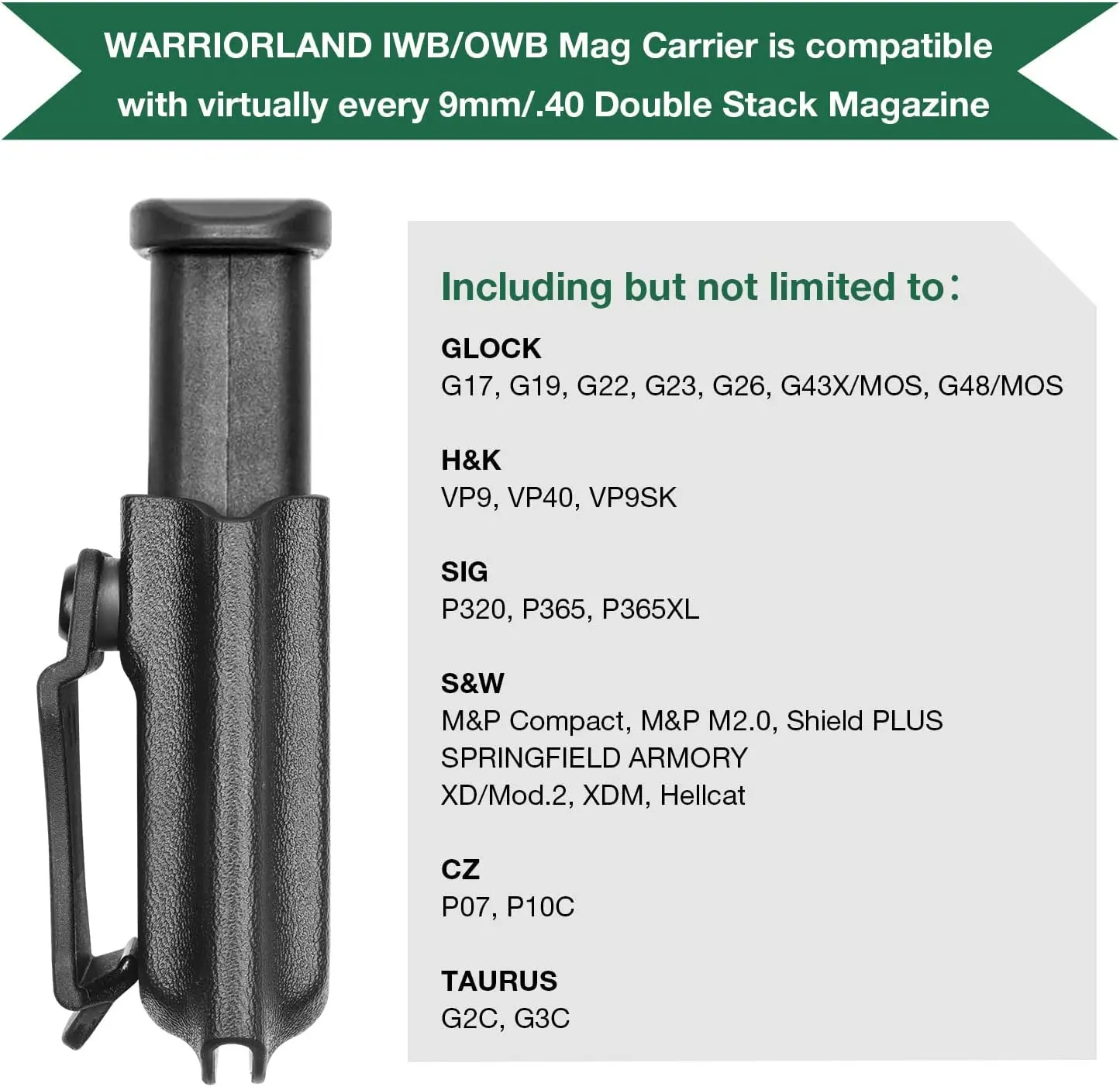Universal Magazine Kydex Holster IWB/OWB Mag Carrier with 1.75 " Metal Clip Fit: 9mm/.40 Double Stack
