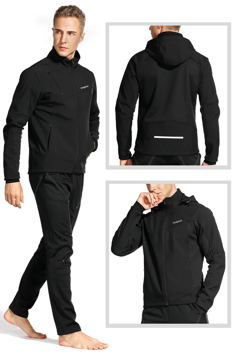 INBIKE Men's Winter Cycling Jacket With Hood Warm Fleece Windbreaker Coat For Men Windproof Outdoor Man Cycling Clothing Hiking