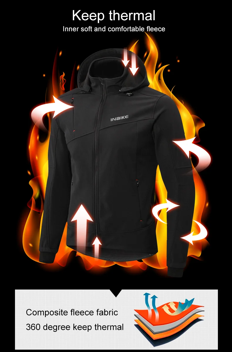 INBIKE Men's Winter Cycling Jacket With Hood Warm Fleece Windbreaker Coat For Men Windproof Outdoor Man Cycling Clothing Hiking