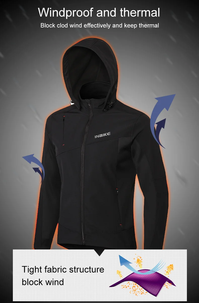 INBIKE Men's Winter Cycling Jacket With Hood Warm Fleece Windbreaker Coat For Men Windproof Outdoor Man Cycling Clothing Hiking