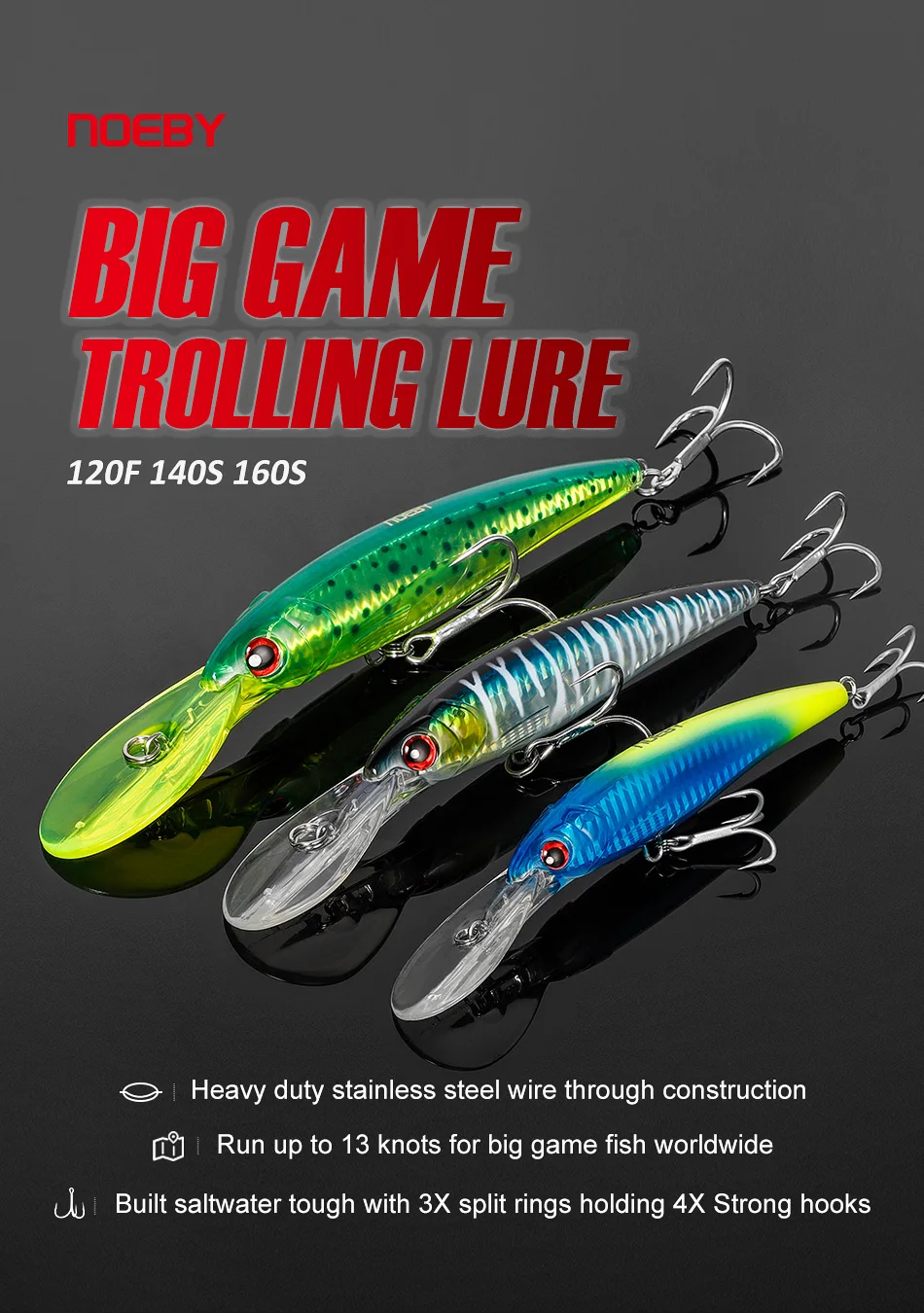 Noeby Minnow Trolling Fishing Lure 3pcs 120mm 140mm 160mm Slow Sinking Wobblers Hard Bait Set Saltwater Fishing Tackles Lures