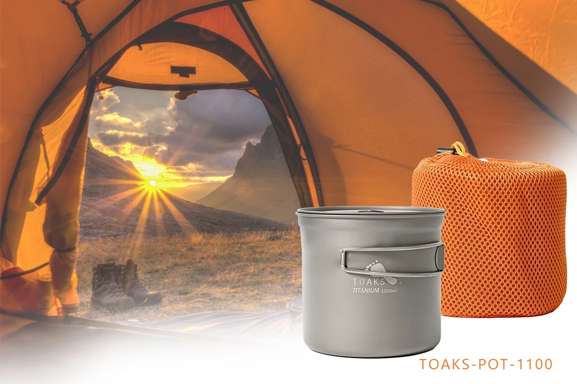 TOAKS Titanium 1100ml, POT-1100 Pot Ultralight Outdoor Camping Equipment, Mug with Lid and Foldable Handle Tableware