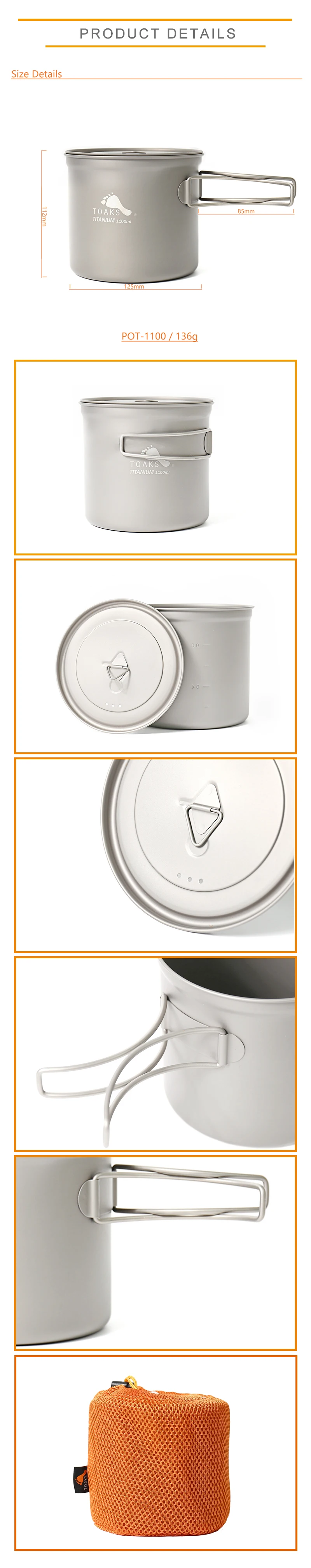 TOAKS Titanium 1100ml, POT-1100 Pot Ultralight Outdoor Camping Equipment, Mug with Lid and Foldable Handle Tableware