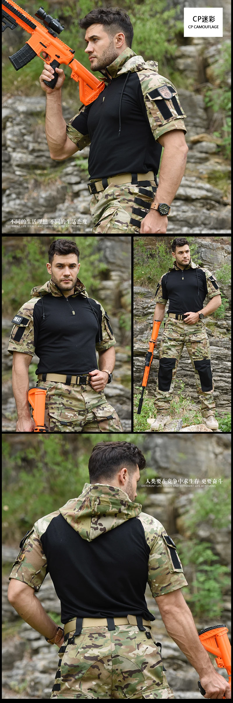 Men's Shirt Tactical T-shirt Safari Combat Shirts Hooded Men Clothing Hunting Clothes Camping Hiking Tees Wear-resistant