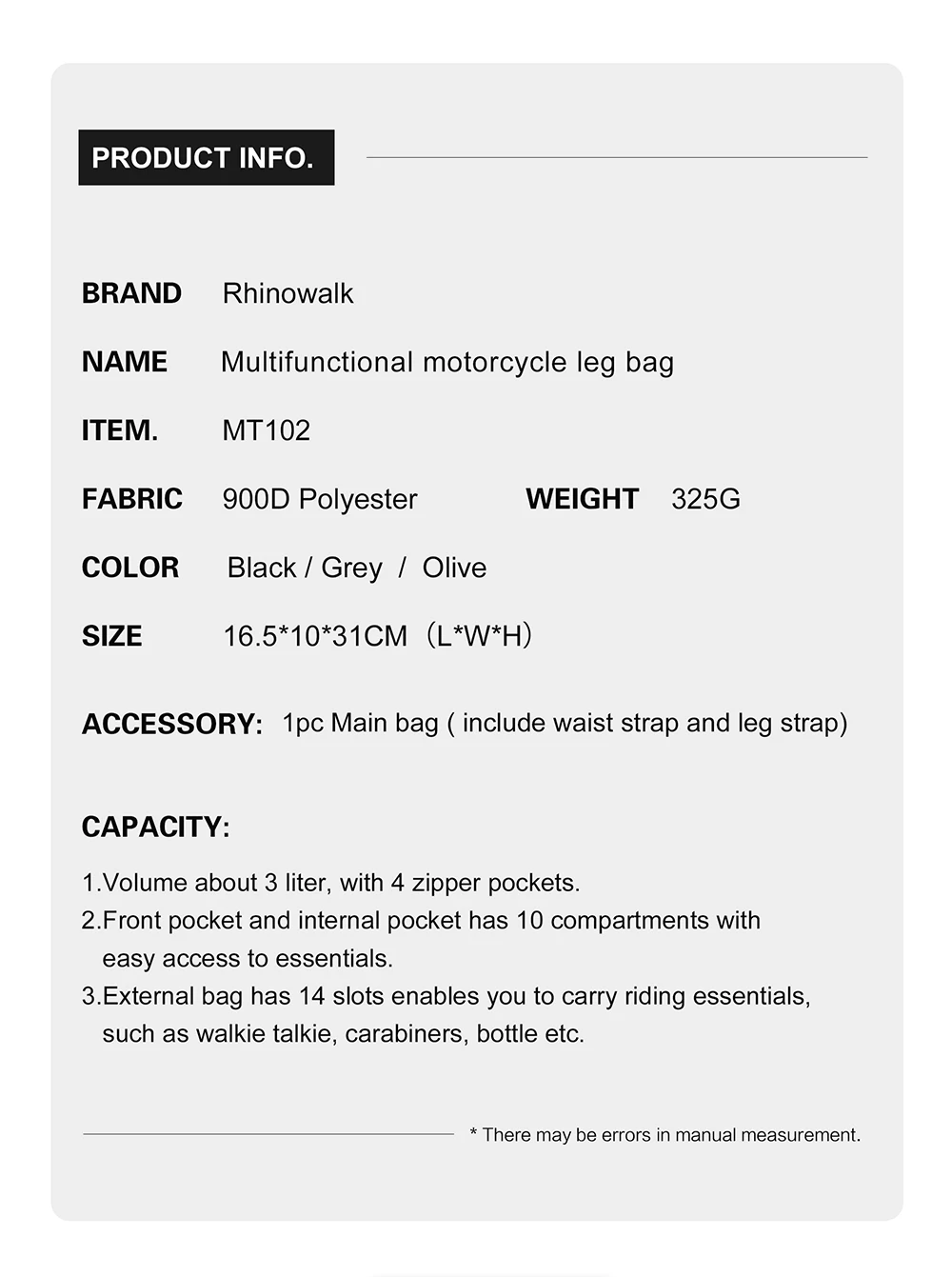 Rhinowalk Waist Leg Bag Thigh Hip BumBelt 3L LargeMessenger Bag Travel Cell/Mobile Phone Purse Fanny Pack MotorDrop Belt Pouch