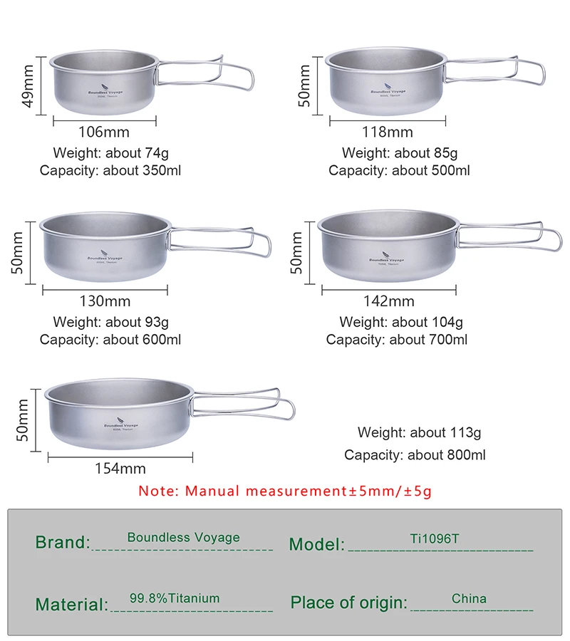 Boundless Voyage Titanium Pans Bowls Dishes Set with Folding Handle Outdoor Camping Portable Plates Saucers Tableware Ti1096T