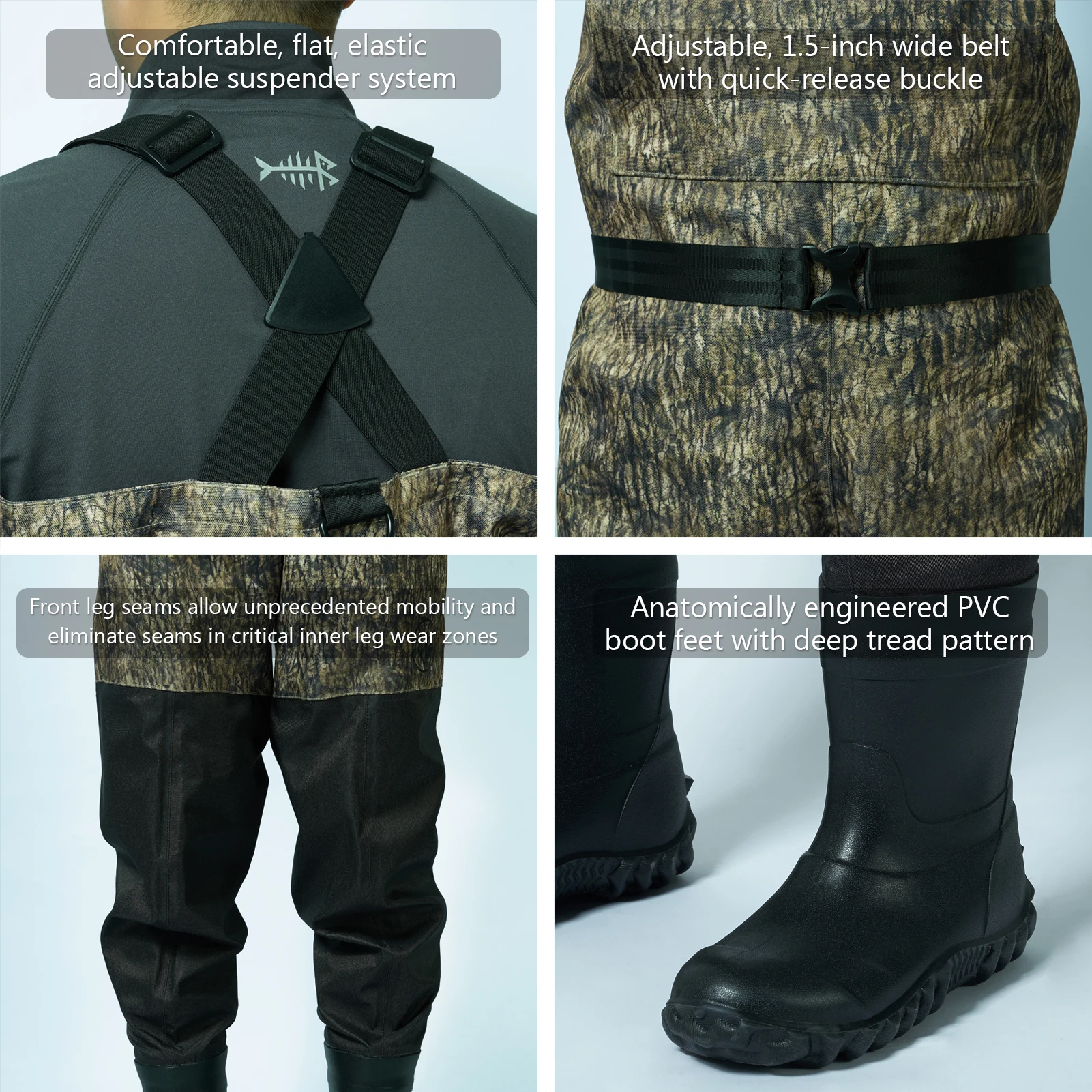 BASSDASH Men Women Boot Foot Waders Breathable Lightweight Fishing Hunting Mossy Wood Reeds Printing Long Trousers With Boot