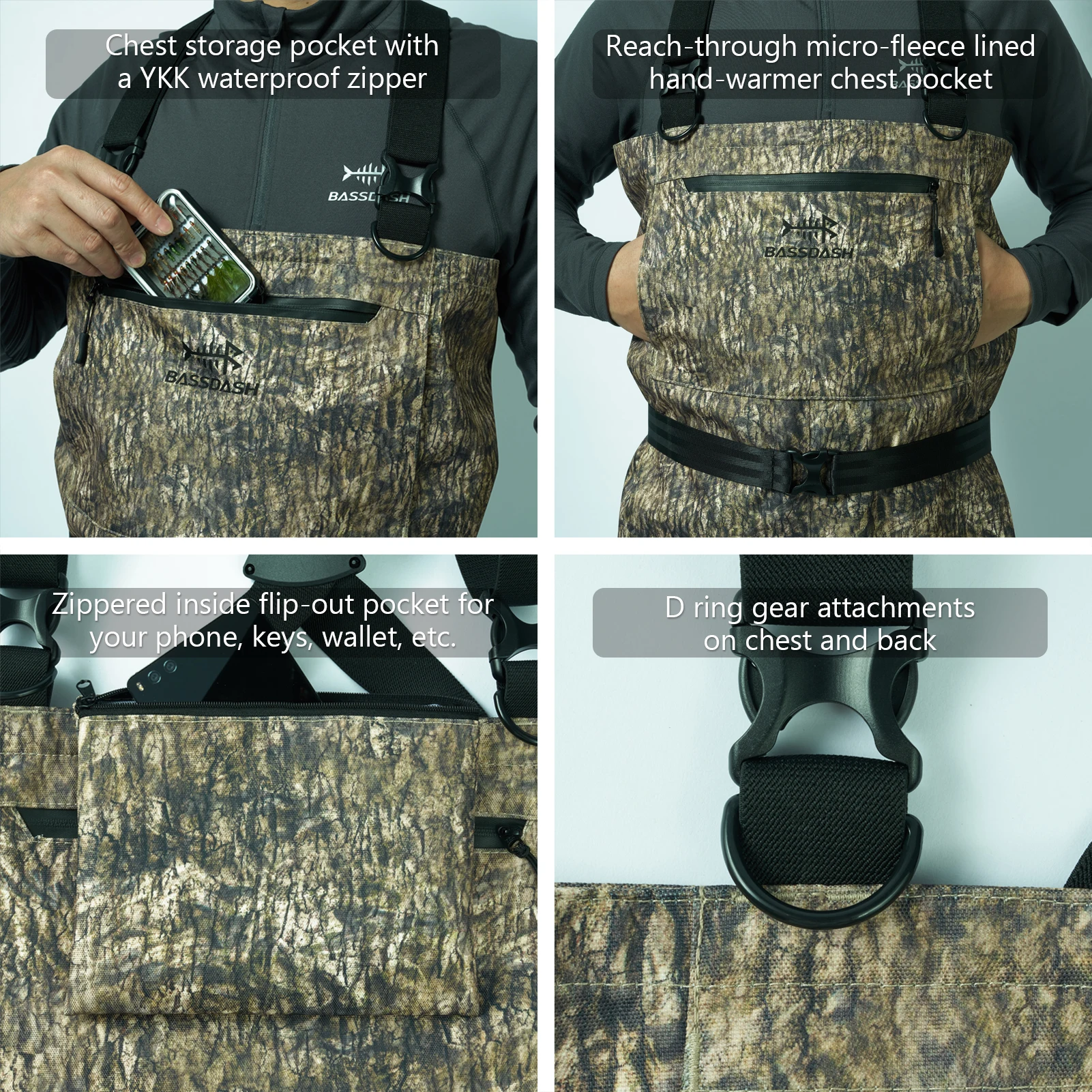 BASSDASH Men Women Boot Foot Waders Breathable Lightweight Fishing Hunting Mossy Wood Reeds Printing Long Trousers With Boot