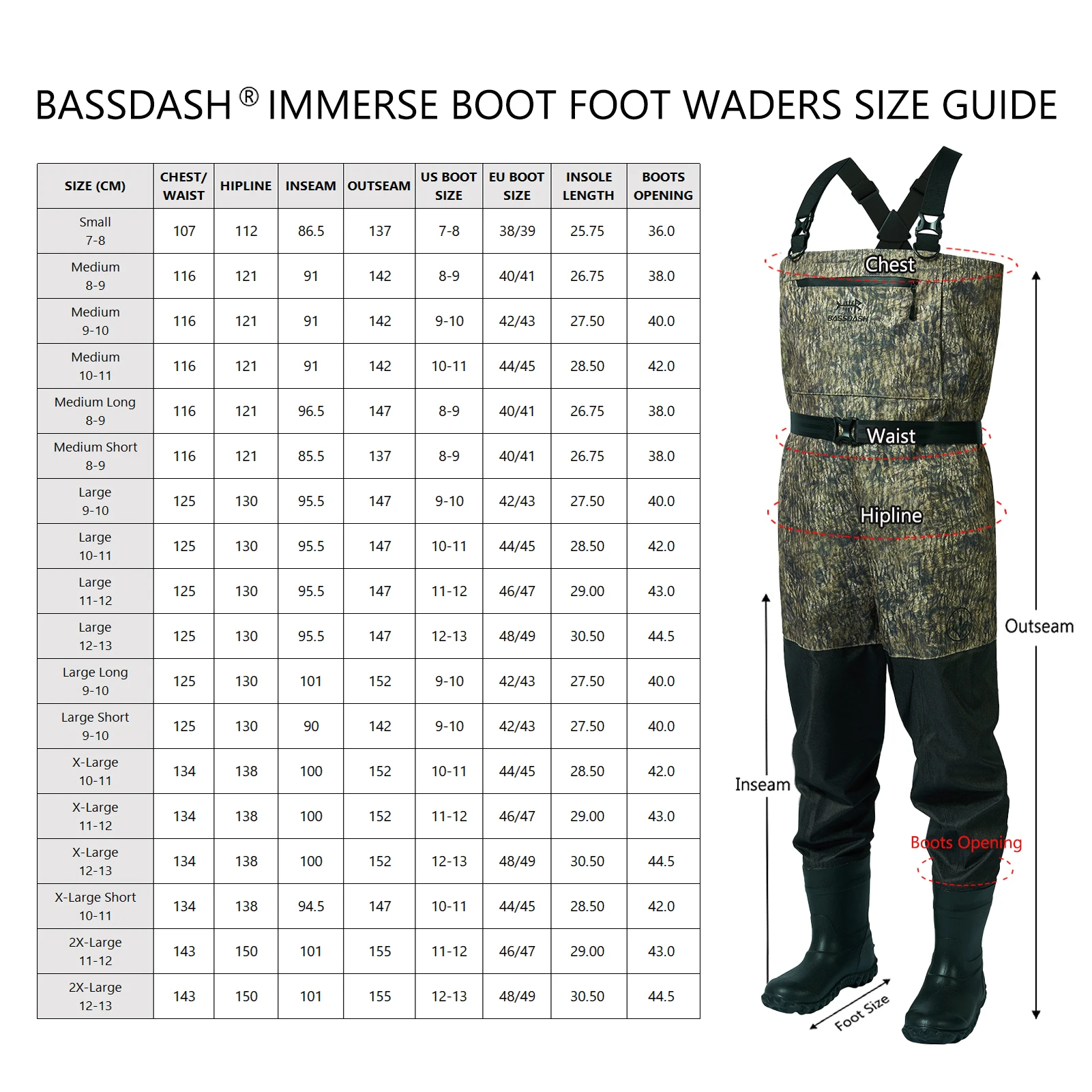 BASSDASH Men Women Boot Foot Waders Breathable Lightweight Fishing Hunting Mossy Wood Reeds Printing Long Trousers With Boot