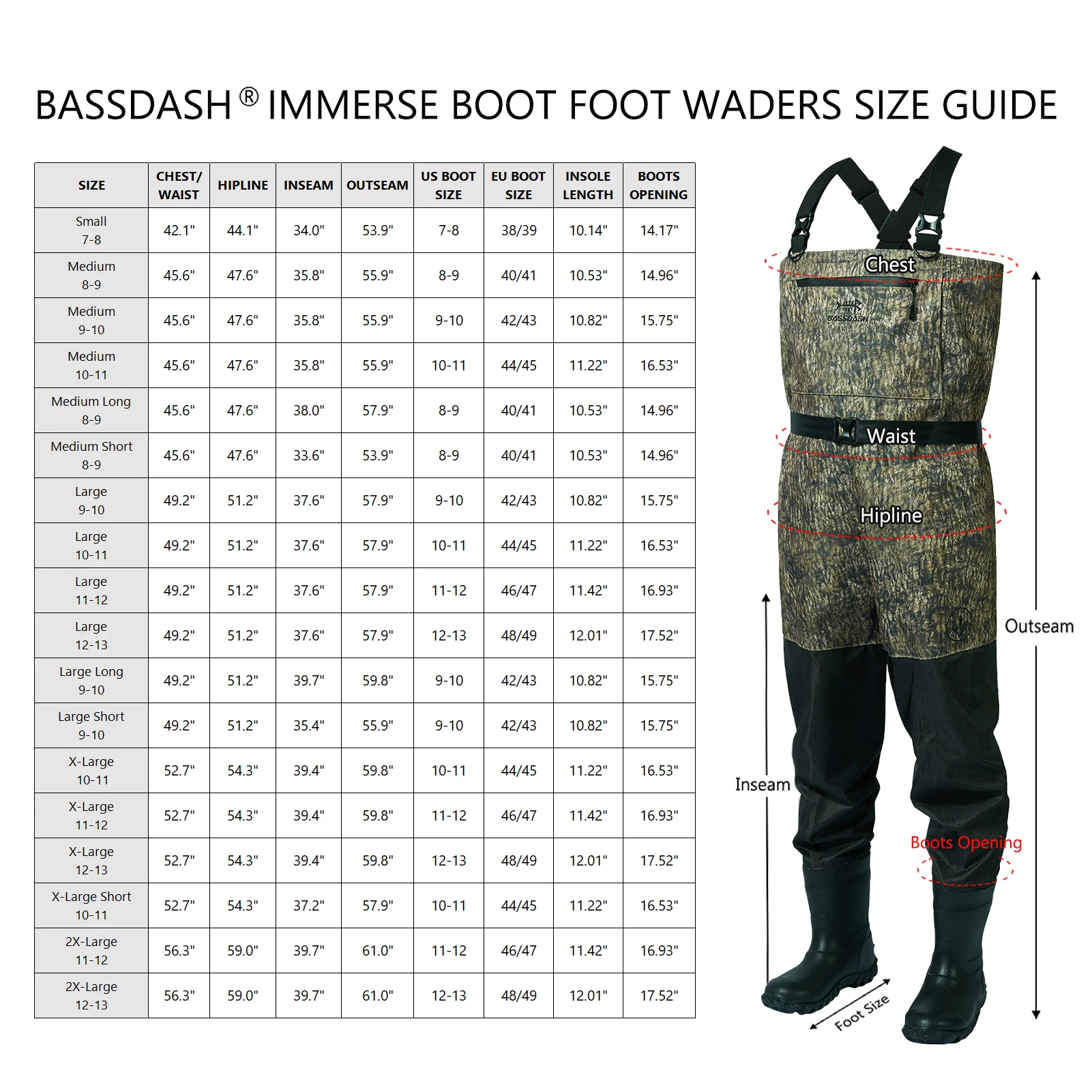 BASSDASH Men Women Boot Foot Waders Breathable Lightweight Fishing Hunting Mossy Wood Reeds Printing Long Trousers With Boot