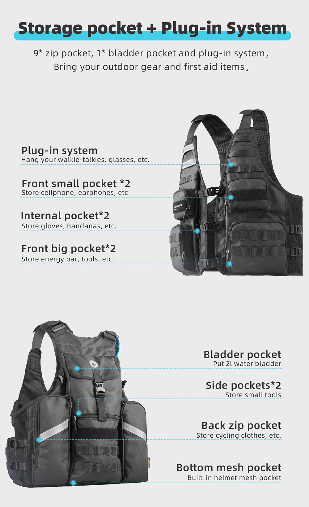 Rhinowalk Bicycle Jacket Motor Vest Fashion Breathable Motocross Vest Adjustable Size Support 2L/3L Water Bag And Back Helmet