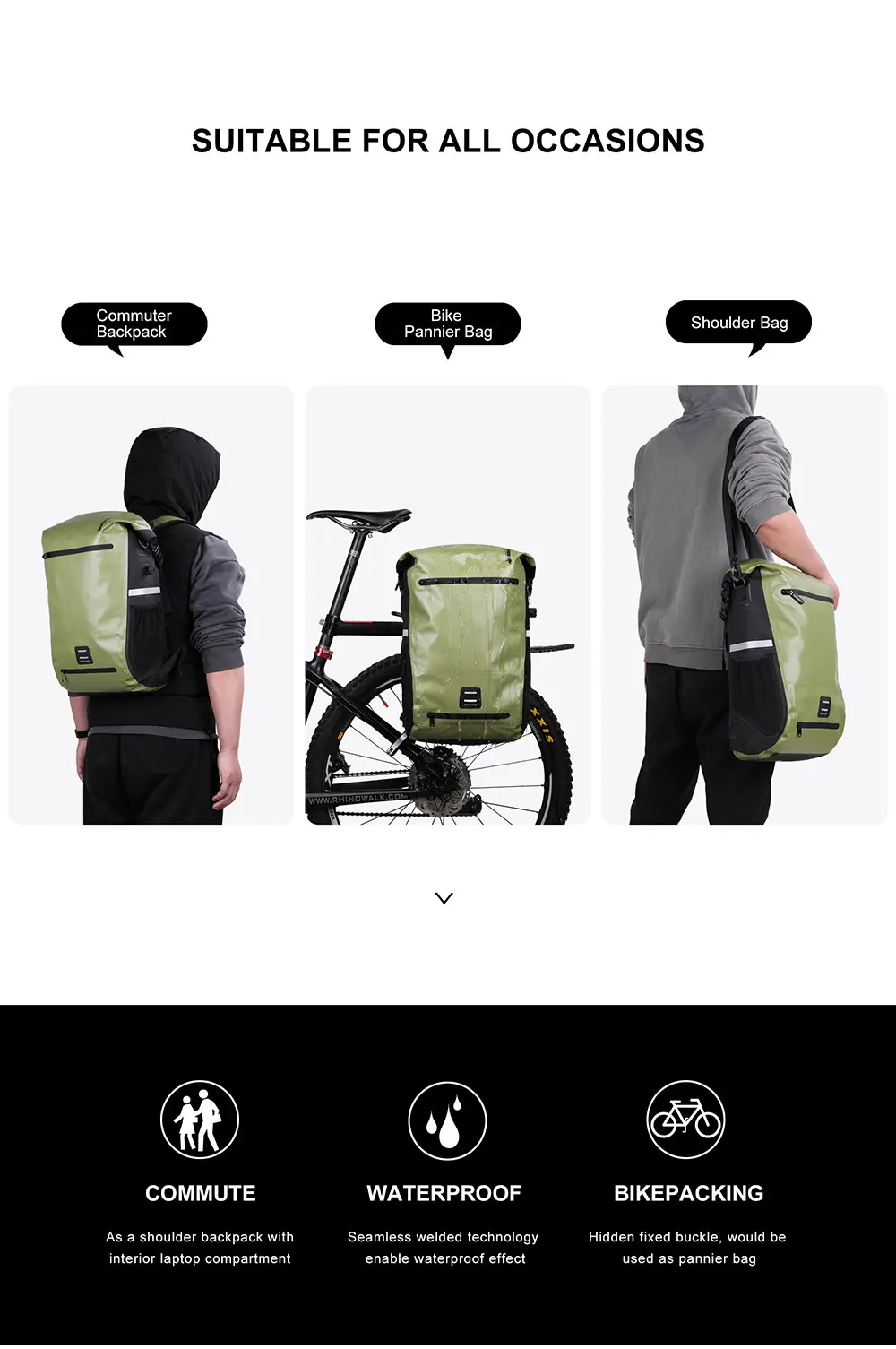 Rhinowalk 22L Waterproof Bike Pannier Bag Portable Cycling Backpack Bicycle Rear Rack MTB Trunk Bag Pack Luggage Carry
