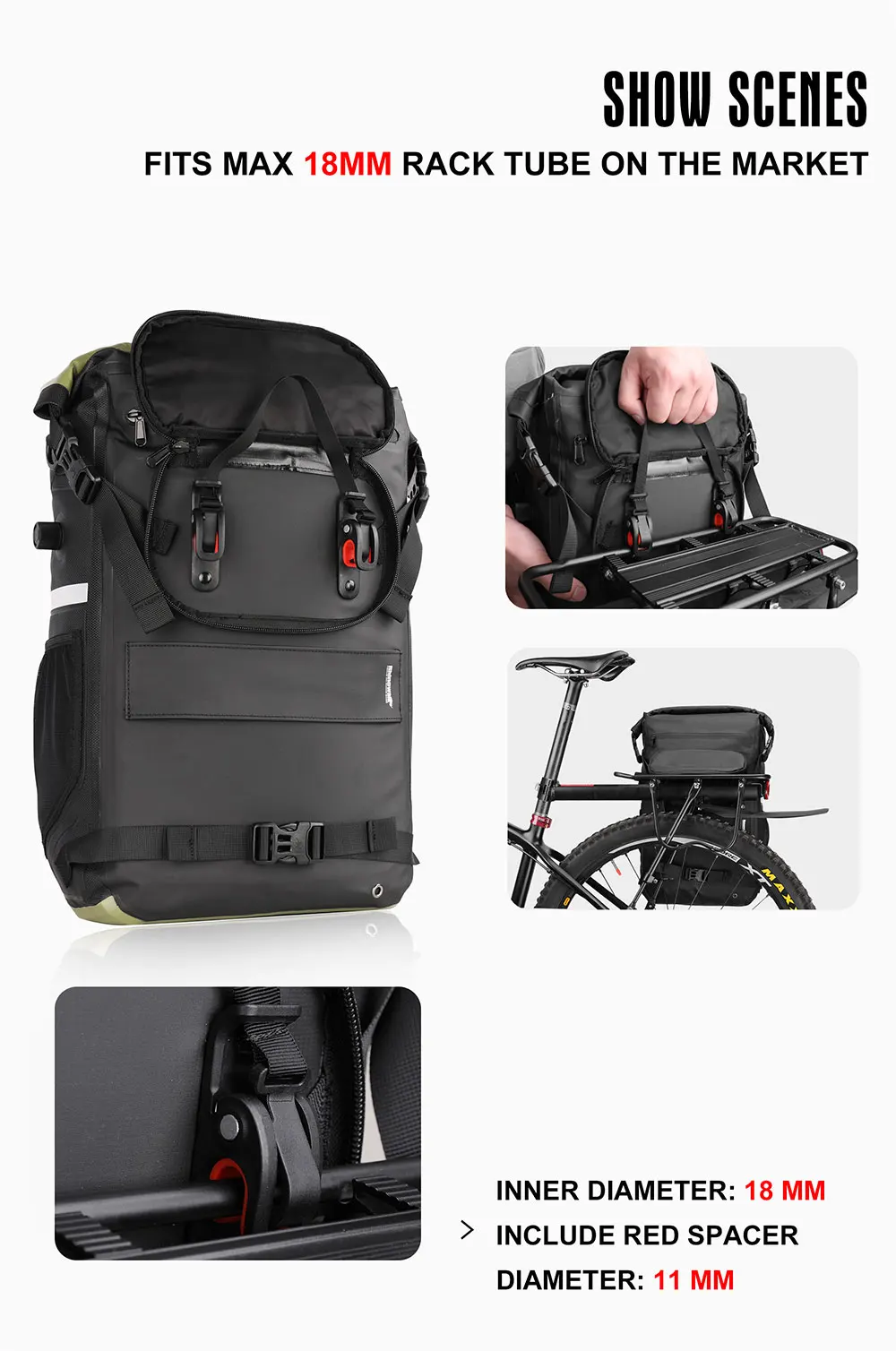 Rhinowalk 22L Waterproof Bike Pannier Bag Portable Cycling Backpack Bicycle Rear Rack MTB Trunk Bag Pack Luggage Carry