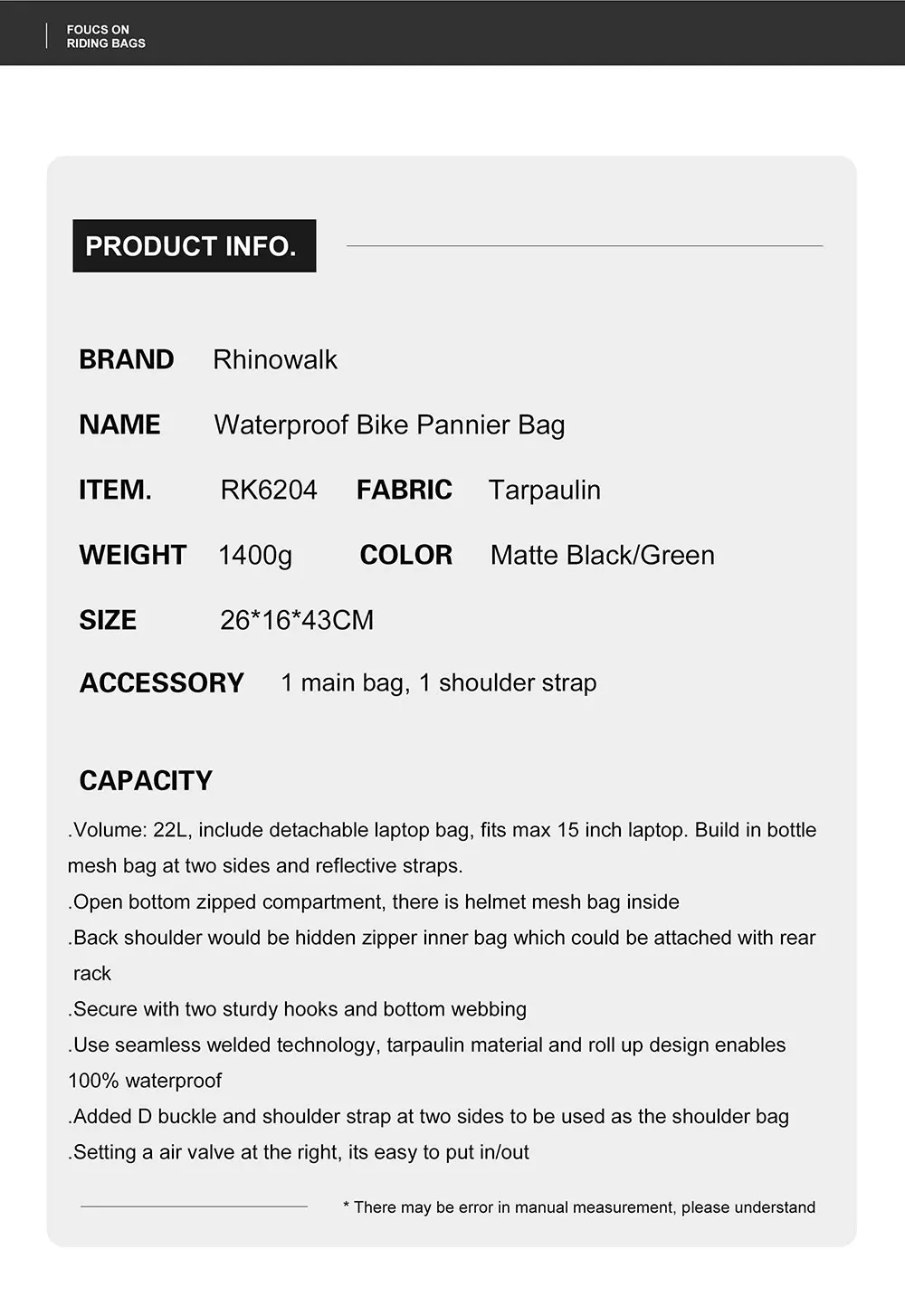 Rhinowalk 22L Waterproof Bike Pannier Bag Portable Cycling Backpack Bicycle Rear Rack MTB Trunk Bag Pack Luggage Carry