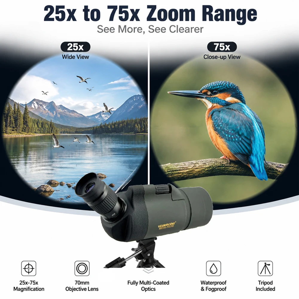 Visionking 25-75x70 Telescope Spotting Scope Monoculars Long Reach View Powerful Camping Birdwatching Hunting Scope With Tripod