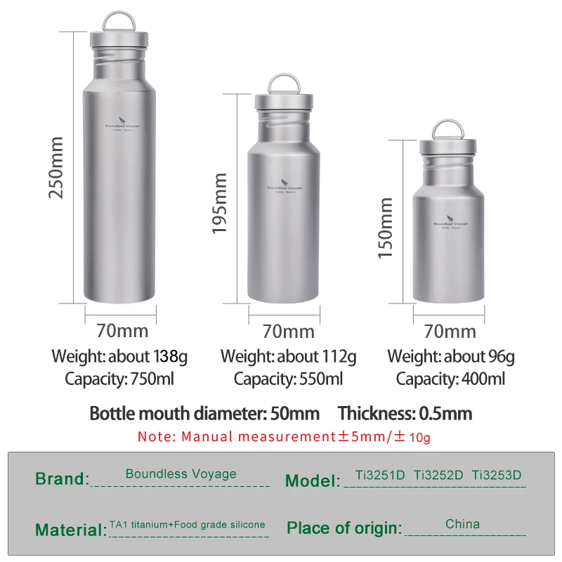 Boundless Voyage Titanium Water Bottle with Lid Wide Mouth Leak-Proof Reusable Sport Drinking Bottle for Camping 400/550/750ml