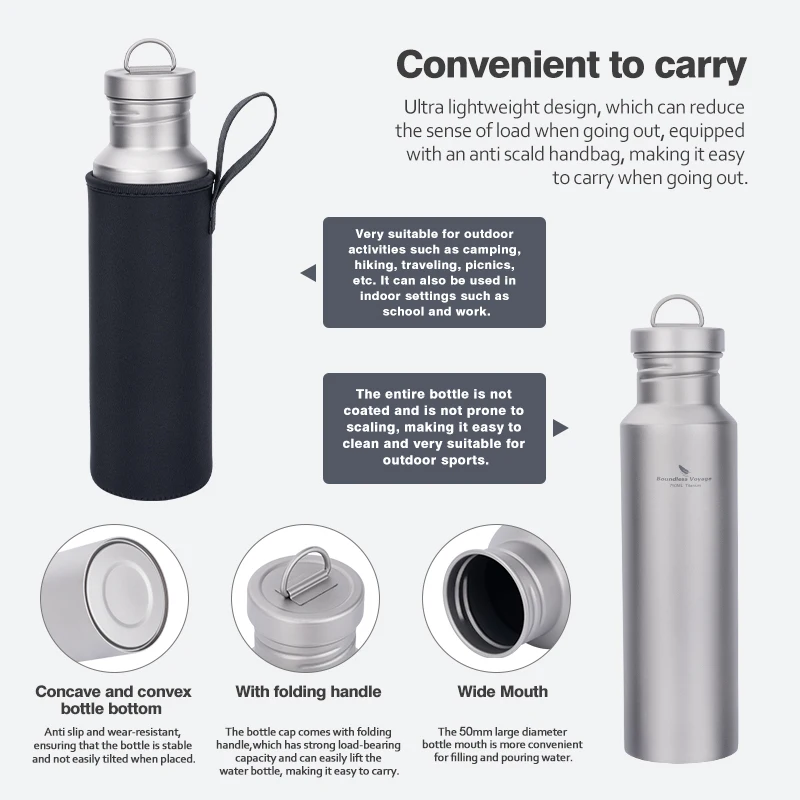 Boundless Voyage Titanium Water Bottle with Lid Wide Mouth Leak-Proof Reusable Sport Drinking Bottle for Camping 400/550/750ml