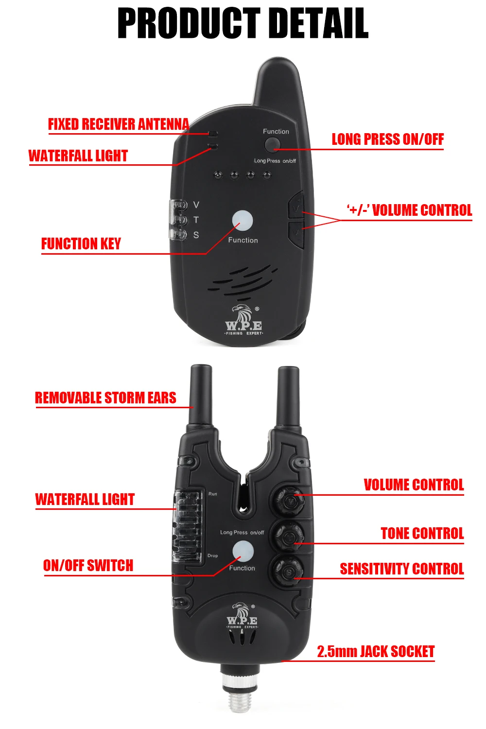 W.P.E 1set Carp Fishing Bait Alarm 4+1 Electronic Alert Luminous Indicator Fish Bell Carp Feeder Fishing LED Sound Wireless