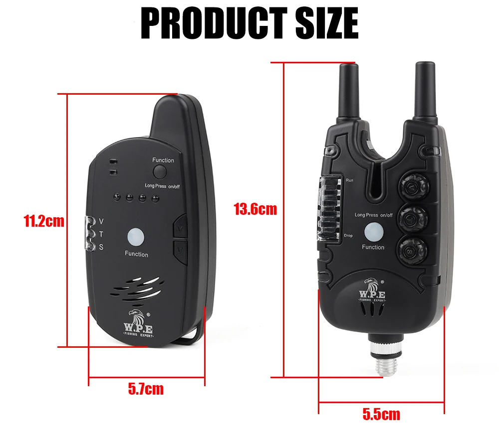 W.P.E 1set Carp Fishing Bait Alarm 4+1 Electronic Alert Luminous Indicator Fish Bell Carp Feeder Fishing LED Sound Wireless