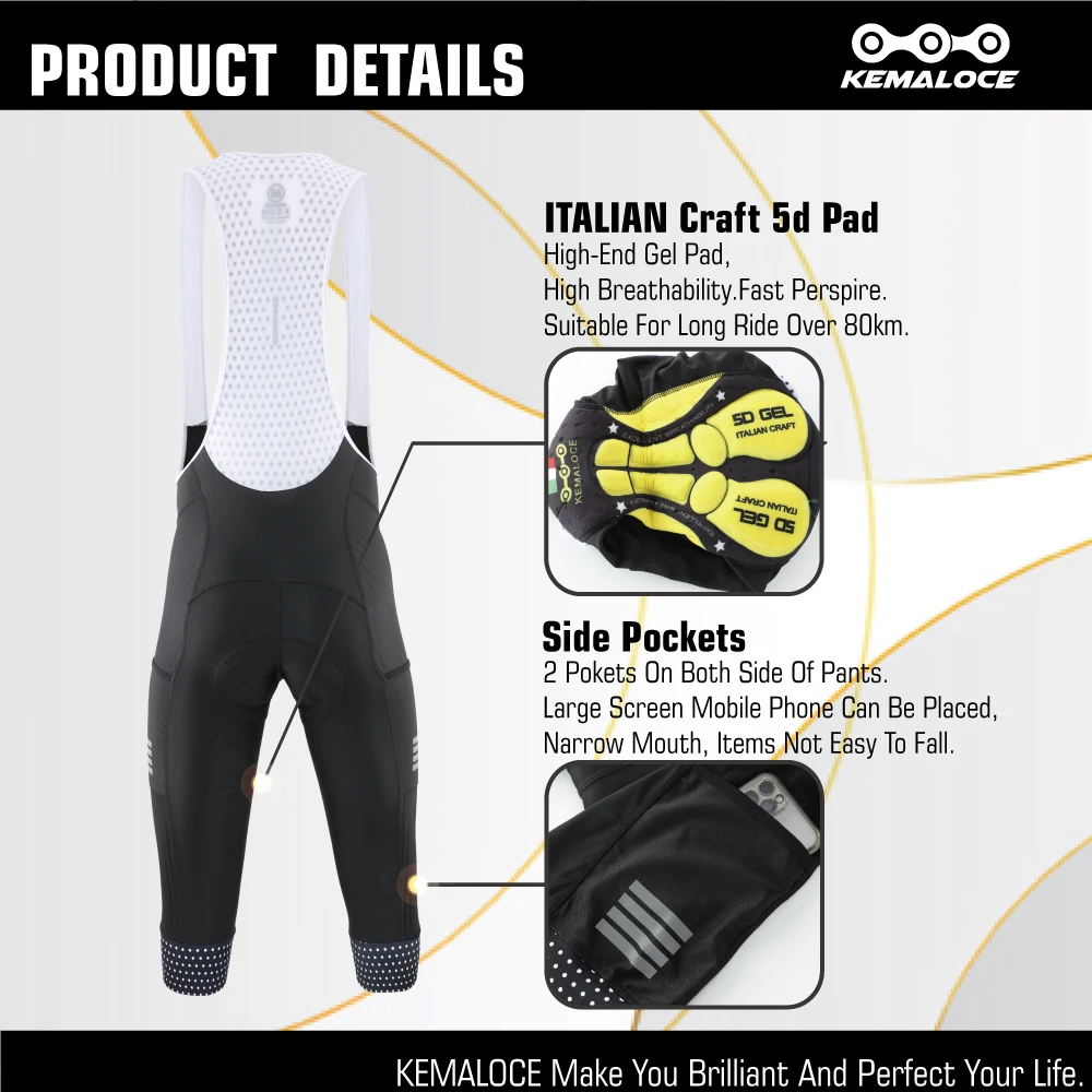 KEMALOCE Cycling Pants 3/4 Summer Anti-UV High End Gel Pad Bike Bib Pants 3/4 Solid Black/Grey/Blue Spring Bicycle Knicker