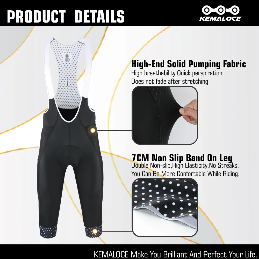 KEMALOCE Cycling Pants 3/4 Summer Anti-UV High End Gel Pad Bike Bib Pants 3/4 Solid Black/Grey/Blue Spring Bicycle Knicker