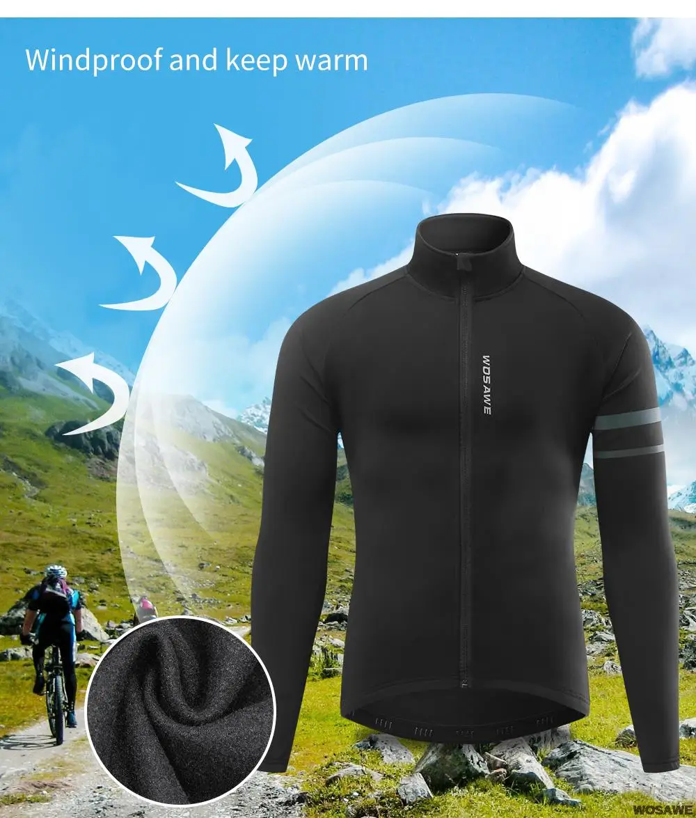 WOSAWE Men'sThermal Winter Cycling Jacket Fleece Lining Long Sleeve Jersey Windproof Running Riding Ciclismo Cycling Clothing