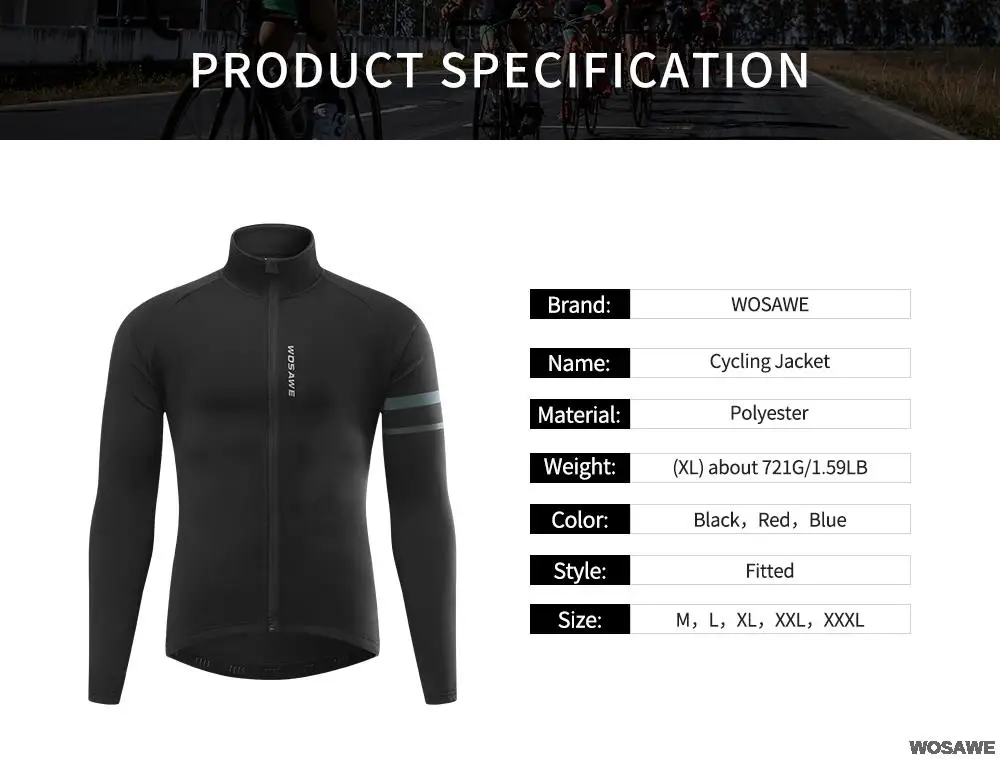 WOSAWE Men'sThermal Winter Cycling Jacket Fleece Lining Long Sleeve Jersey Windproof Running Riding Ciclismo Cycling Clothing