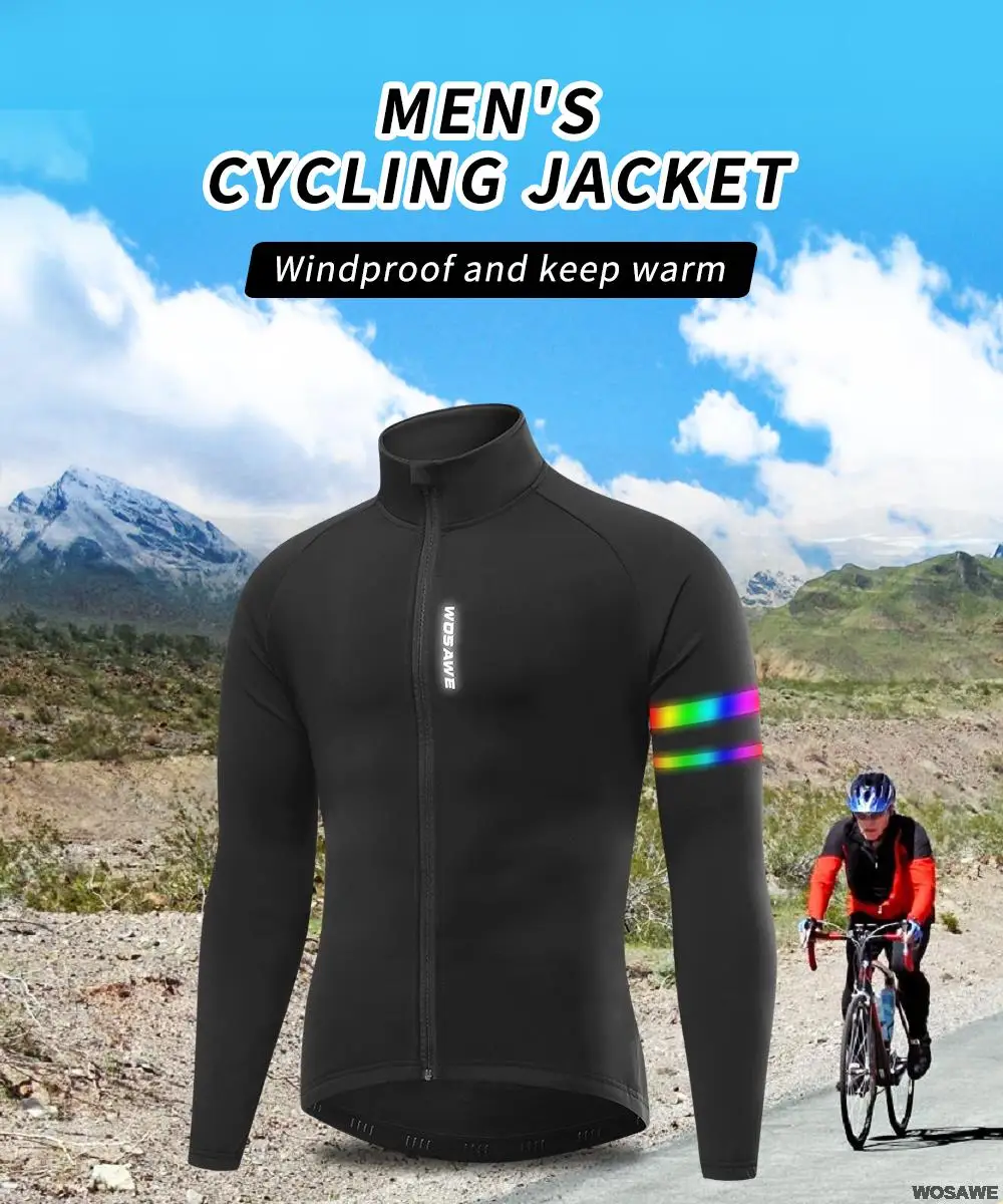 WOSAWE Men'sThermal Winter Cycling Jacket Fleece Lining Long Sleeve Jersey Windproof Running Riding Ciclismo Cycling Clothing