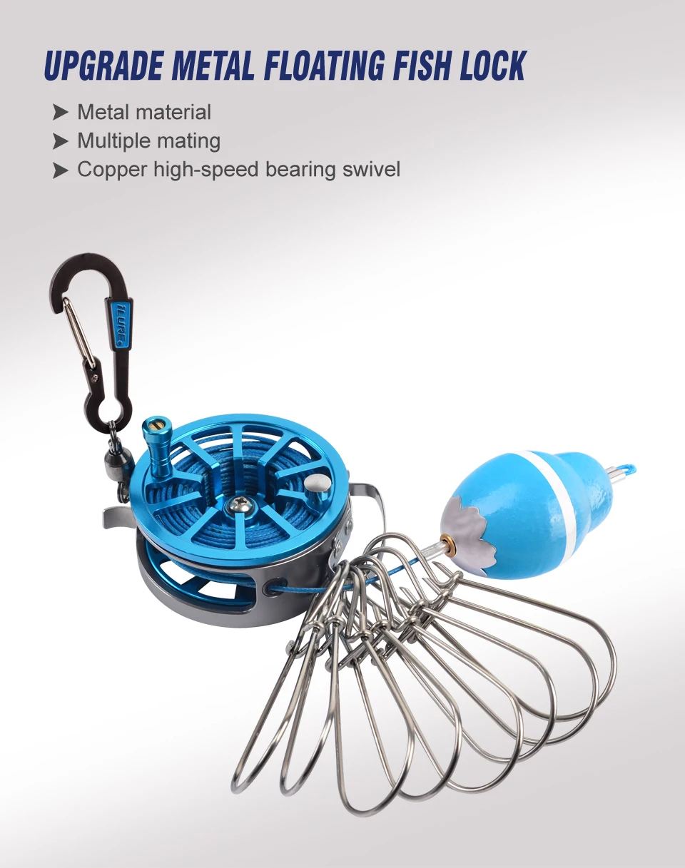 Portable Fishing Lock Buckle Live Fish Lock Buckle with Reel Stainless Steel 8 Snaps Stringer Floats Fishing Reel Sea Tackle