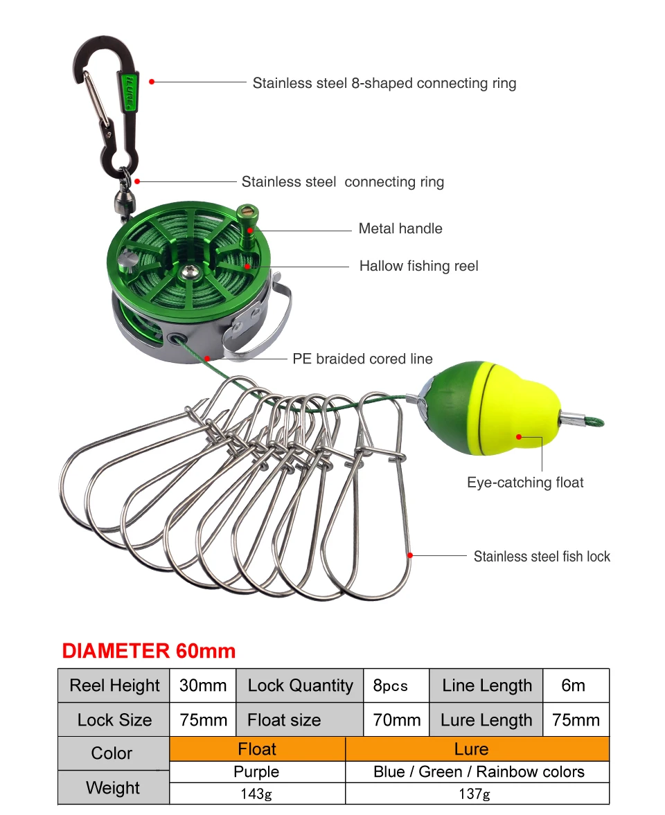 Portable Fishing Lock Buckle Live Fish Lock Buckle with Reel Stainless Steel 8 Snaps Stringer Floats Fishing Reel Sea Tackle