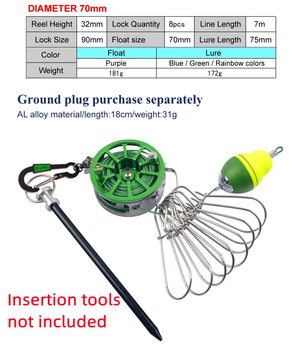 Portable Fishing Lock Buckle Live Fish Lock Buckle with Reel Stainless Steel 8 Snaps Stringer Floats Fishing Reel Sea Tackle